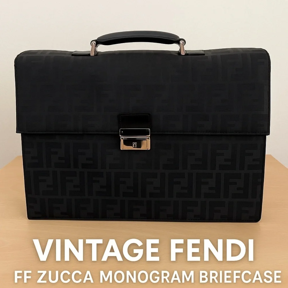Rare FENDI Zucca Black Monogram Briefcase Unisex Canvas Leather EUC 1990s